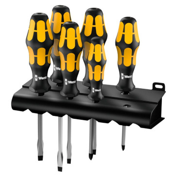 TOURNEVIS BURIN WERA 932 S6 KRAFTFORM CRUCIFORME (PHILLIP) ET PLAT AVEC RACK DE RANGEMENT NOIR/JAUNE (SET 6 PIECES) -MARQUE ALLEMANDE POUR LES ATELIERS- 4013288134479