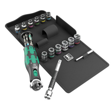 CLIQUET WERA 8009 ZYKLOP POCKET TETE ORIENTABLE COMBINEE DOUILLE 3/8 ET TOURNEVIS 1/4 (AVEC RESERVE D'EMBOUT INTEGREE) NOIR/VERT (SET 27 PIECES) -MARQUE ALLEMANDE POUR LES ATELIERS- 4013288227560