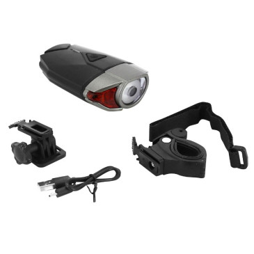 ECLAIRAGE VELO USB AVANT SUR CINTRE 300 LUMENS NOIR/GRIS 2 INTENSITES 100%/50% FIXATION CINTRE OU CASQUE