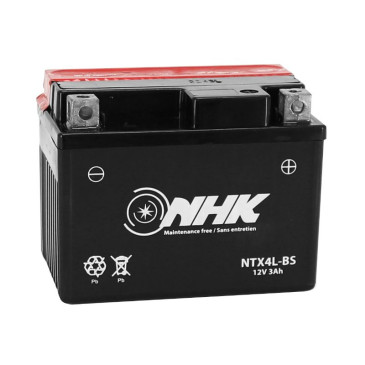 BATTERIE 12V 3 Ah NTX4L-BS NHK MF SANS ENTRETIEN LIVRE AVEC PACK ACIDE (Lg114xL71xH86mm) (QUALITE PREMIUM - EQUIVALENT YTX4L-BS)