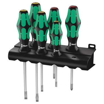 TOURNEVIS WERA 334/6 KRAFTFORM CRUCIFORME (PHILLIP) ET PLAT AVEC RACK DE RANGEMENT NOIR/VERT (SET 6 PIECES) -MARQUE ALLEMANDE POUR LES ATELIERS- 4013288003133