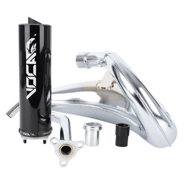 EXHAUST FOR 50cc MOTORBIKE VOCA CROSS CHROMED FOR DERBI 50 SENDA, SENDA DRD/APRILIA 50 RX, SX (TOP MOUNTING - BLACK ALUMINIUM SILENCER) 3700948184882