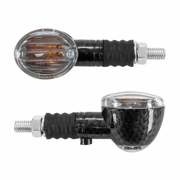 TURN SIGNAL (UNIVERSAL) REPLAY MICRO OVAL SHAPED- TRANSPARENT/CARBON WITH INDICATOR- SHORT -CEE APPROVED- (PAIR) (L 70mm / H 30mm / Wd 36mm) 3700948032503