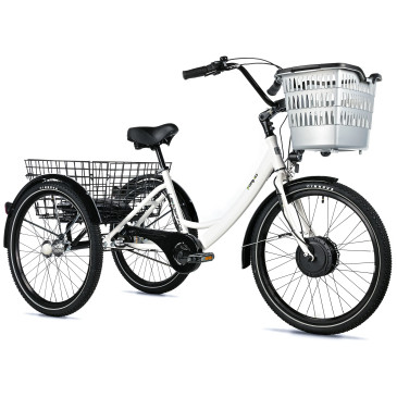 TRICYCLE ELECTRIQUE/VAE CITY LEADER FOX 24" BORMIO 2025 MIXTE BLANC BRILLANT 3V SHIMANO NEXUS MOTEUR ROUE AV BAFANG 36V 45Nm BATTERIE 14,4Ah (LARGEUR HORS TOUT 81cm) 8592826106087