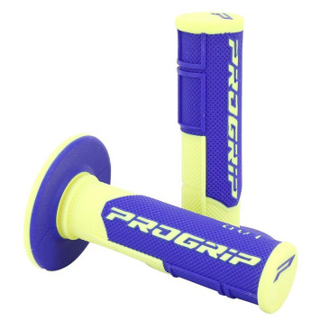 REVETEMENT POIGNEE PROGRIP MOTO OFF ROAD 801 DOUBLE DENSITE FLUO DESIGN JAUNE FLUO/BLEU CLOSED END 115mm (CROSS/MX) (PAIRE) 0801766079046