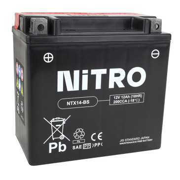 BATTERY 12V 12Ah NTX14-BS NITRO MF MAINTENANCE FREE-SUPPLIED WITH ACID PACK (Lg150xWd87xH146) (EQUALS YTX14-BS) 5414837002734