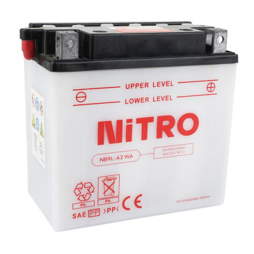 BATTERIE 12V 9 Ah NB9L-A2 NITRO CONVENTIONNELLE AVEC ENTRETIEN (Lg135xL75xH139mm) (EQUIVALENT YB9L-A2) 5414837145219