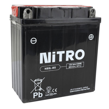 BATTERY 12V 5 Ah NB5L-BS NITRO MAINTENANCE FREE-SUPPLIED WITH ACID PACK (Lg115xWd58xH130) (EQUALS YB5L-BS) 5414837137993