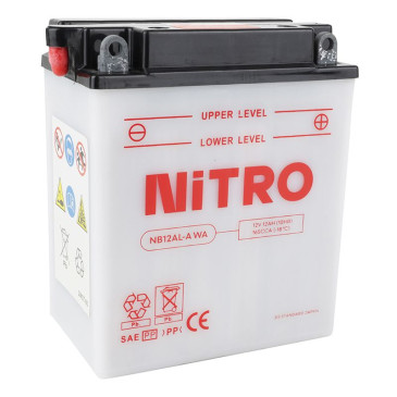 BATTERIE 12V 12 Ah NB12AL-A NITRO CONVENTIONNELLE AVEC ENTRETIEN (Lg134xL80xH160mm) (EQUIVALENT YB12AL-A) 5414837145264