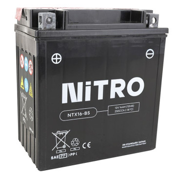 BATTERY 12V 14Ah NTX16-BS NITRO MF MAINTENANCE FREE-SUPPLIED WITH ACID PACK (Lg150xWd87xH159) (EQUALS YTX16-BS) 5414837002772